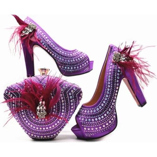 Hot sale purple women pumps and bag set with rhinestone decoration african shoes match handbag for dress X41,heel 12CM
