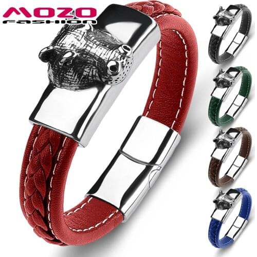 MOZO FASHION Hot Men Hip Hop Bracelets Stainless Steel Jewelry Genuine Leather Braided Cuff Decorations High Quality Gifts 122