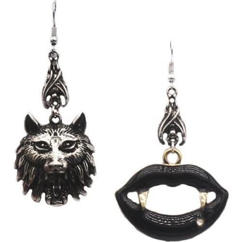 Fashion Neogoth Punk Style Zinc Alloy Vampire Werewolf Asymmetric Pendant Earrings & Lip Necklace Ladies Men Party Jewelry
