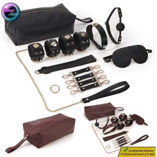 RUNYU Genuine Leather BDSM Kit Sexual Bandage Game Set Blindfold Handcuffs Shackles Whip Leash Couple Sex Toys for Women Lesbian