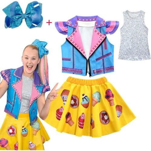2021 New JOJO Siwa Set Girls Full Sleeveless Jacket Vest Dress Hair Clip Girls Cosplay Costume Clothing Jojo Siwa Suit Clothes