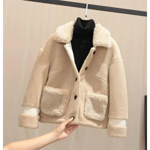 Girls Faux Fur Coat Winter Thick Warm Cute Khaki Lamb Wool Jacket Oversize Short Button Up Outerwear Loose Fluffy Coat Women XXL