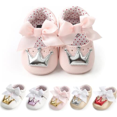 Baby Shoes Girl Princess Bling Crown Bowknot Toddler PU Rubber Sole Anti-slip First Walkers Infant Newborn Crib Shoes Moccasins
