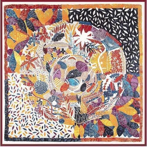 Spring 2021 new 130*130cm twill silk scarf, palm tree leaf lady luxury silk scarf shawl, square scarf and sunscreen big shawl