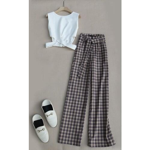 Always Trendy Plaid Pants and Tops One Set Casual Short Criss-Cross Chiffon Tank Top + Checkers Wide Leg Trousers