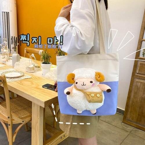 Japanese Ulzzang Shoulder Bag For Women Lovely Plush Sheep Handbags Women Back To School Gift Kawaii Tote Bag Women Bags Bolso