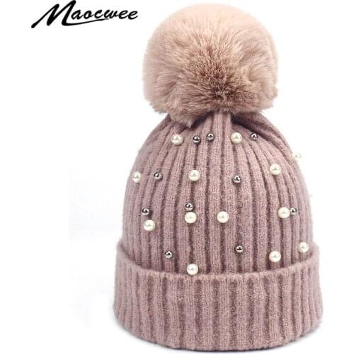 Women Winter Knitted Pearl Beanies Hats With Faux Fur Pompom Wool Crochet Soft Elasticity Warm Female Faux Fur Pompom Beanie Hat