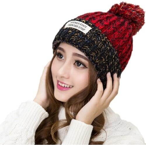 Women Patch Thick Warm Skullies Beanies HatsKorea Winter Labeling Wool Hat Multi-color Knitted hat Female Bonnet Beanie Caps