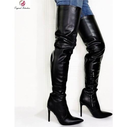 Women Over The Knee Boots Shoes 2020 New Style Black Patent Thin High Heels Side Zipper Boots Winter Femmes Bottes Size 36-47
