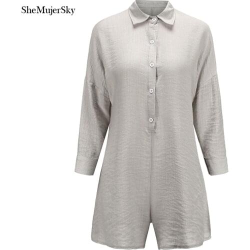 SheMujerSky Long Sleeve Linen Loose Playsuits Buttons V-neck Rompers Overalls For Women Jumpsuits 2019 Body Femme