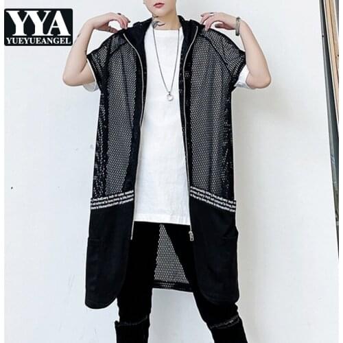 Summer New Cargo Fashion Vest Mens High Street Korean Hooded Hip Hop Concise Loose Zippers Male Sleeveless Vest Jackets 2021