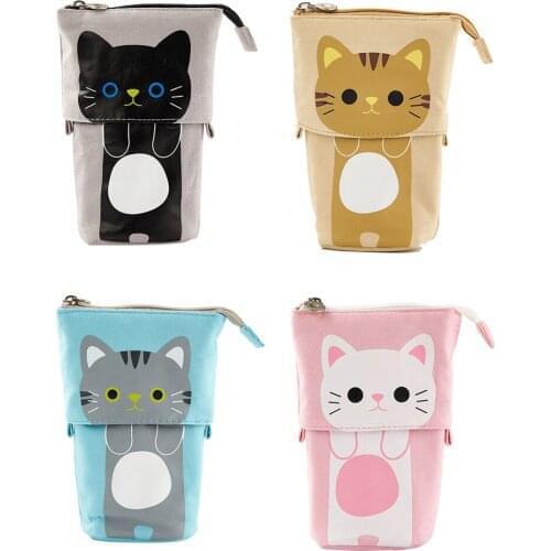 12 PCS Retractable Cartoon Pencil Case Cute Cat Canvas Stationery Organizer School Supplies Pen Cosmetic Makeup Bag Wholesale X2