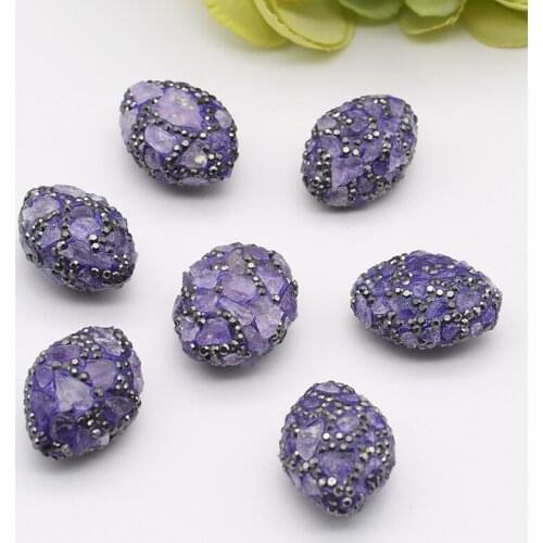 3pcs/lot 27x20mm High Quality natural purple stones oval Beads Trimmed With Crystal Zircon