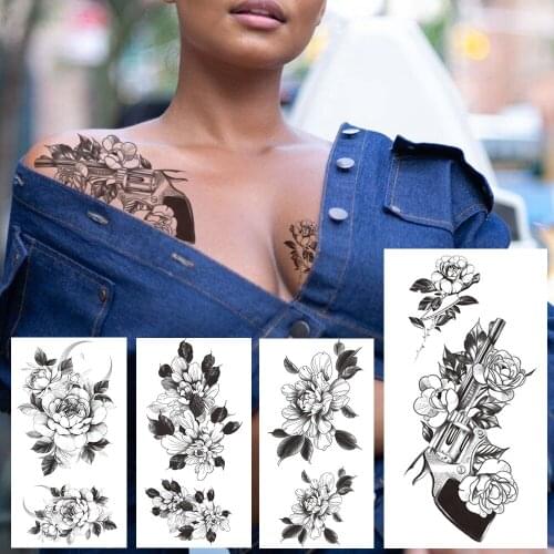 3D Realistic Camellia Temporary Tattoo For Women Men Moon AK47 Flower Tattoos Rose Branch Peony Leaves Waterproof Tatoo Clavicle
