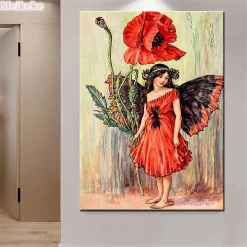 DIY Diamond Painting Cross Stitch Mosaic Red Poppy Flower Fairy Girl,full Square Drill Diamond Embroidery Rhinestone Mosaic Kits