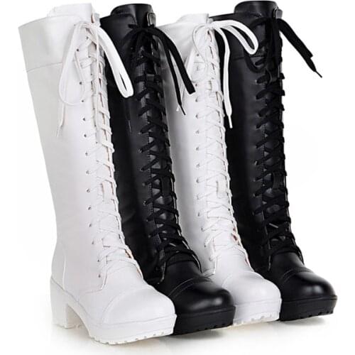 Anime DATE A LIVE Tokisaki Kurumi Cosplay Shoes PU Leather Boots Lace Up High Heels Autumn Woman Shoes Long Boots Black/White