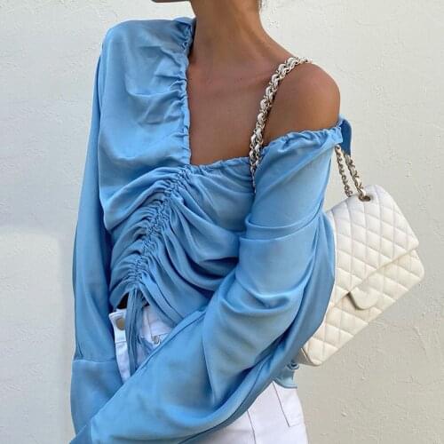 Fashion Satin Drawstring Shirt Women 2021 Autumn French Sexy Deep V Neck Solid Lace Up Long Sleeve Loose Blouses Street Clubwear