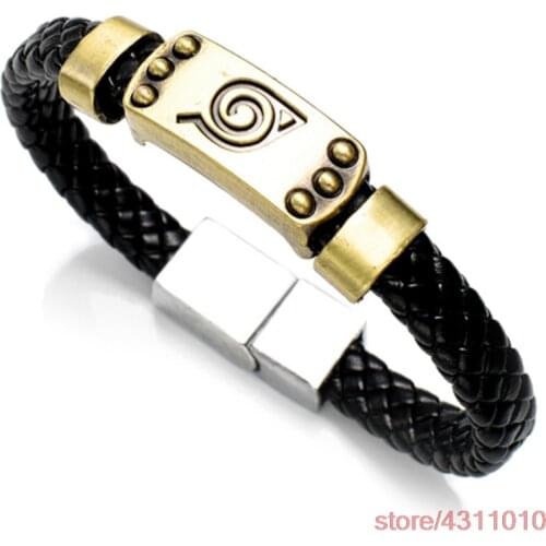 Anime naruto cosplay honoha kakasi uzumaki hinata bracelet metal leather rope punk bracelet for men costume accessories
