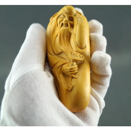Chinese Natural Boxwood Raw Wood Hand Carved The god of longevity Lucky Netsuke