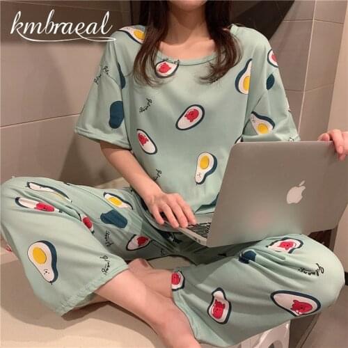 Summer Pajamas Set Women Girls Short Sleeve Trousers Avocado Print Loose Casual Sleepwear T-Shirts and Shorts Pjs Homewear New