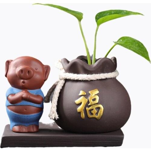 Lucky Fortune Piggy Tea Boutique Purple Clay Tea Pet Figurine Desktop Flower Pot Garden Bonsai Decoration Tea Set Accessories