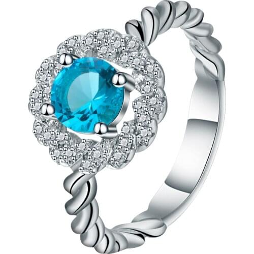 Beautiful White And Blue Cubic Zirconia Lady Flower Ring Silver Color Exquisite Bands Wedding And Engagement Ring For Women Anel