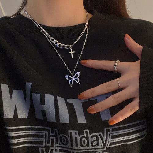 Multilayer Pendant Butterfly Cross Necklace For Women Vintage Hip Hop Goth Silver Metal Choker Necklace Fashion Jewelry Gift