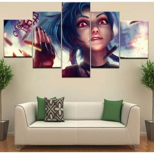 Printed Modular Pictures Frame Canvas Painting Modern Living Room Home Wall Art Decor 5 Panel League Of Legends Game Jinx Poster
