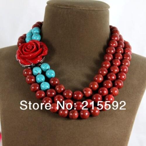 New Arrival 3 Rows Red Coral Necklace Fashion Red Rose Flower Pendant Necklace Wedding Jewelry Free Shipping CN006