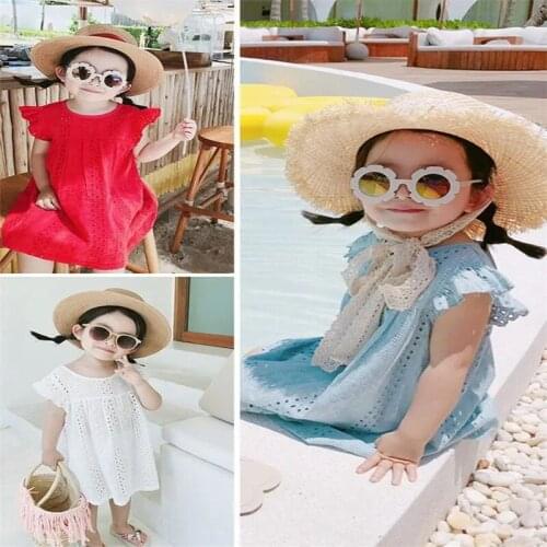 2-8Y Kids Baby Girl Dress Summer Flying Sleeves Solid Color Cotton Hollow Casual Dress Clothes Girls Dress Cute Dresses Vestido