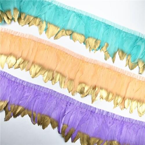 2Meters Colorful Gold Silver Dipped Goose Feathers Trim on Tape Fringe Ribbon Feather for Crafts Dress Clothing Wedding Plumes