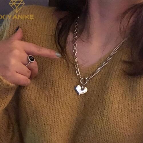 XIYANIKE 925 Sterling Silver LOVE Heart Pendant Sweater Necklace Vintage Punk Thick Chain Necklace Birthday Jewelry for women