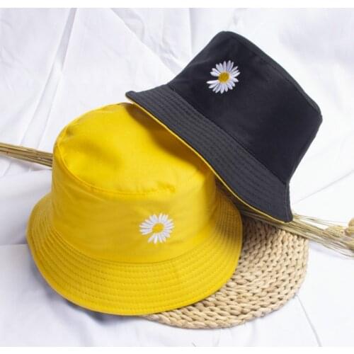 Summer Black White yellow Bucket Hat Women Men Foldable Cotton Fisherman Cap Little daisies Print Panama Sun Hats Chapeau Unisex