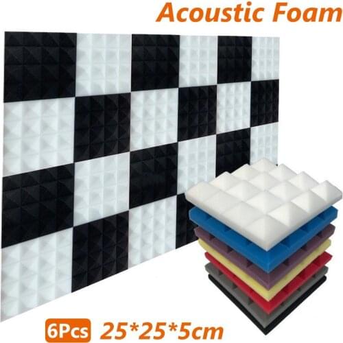 6Pcs 25x25x5cm Pyramid Studio Acoustic Panel Tile Soundproof Foam Cushion Pad features high provide with strong sound insulation
