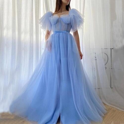 Strapless Neckline Sash Pleats Puffy Sleeve Zipper Baby Blue Prom Dress A-Line Tulle Evening Gowns