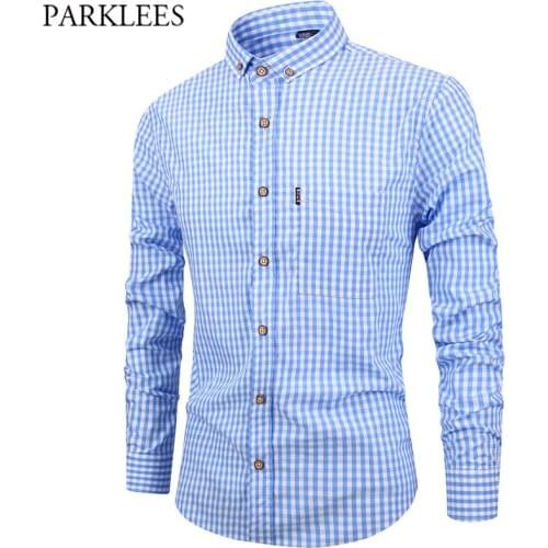 Preppy Style Plaid Shirt Men Casual Square Collar Mens Blue Button Down Dress Shirts With Pocket Long Sleeve fashion Street Wear