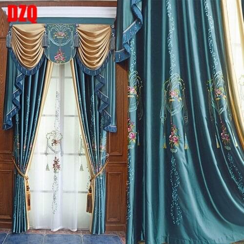 American European silk silk satin cotton embroidery curtain luxury living room bedroom fabric floor shade curtain blue curtain