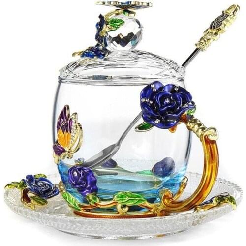 Blue Beautiful Butterfly Enamel Coffee Cup Flower Tea Glass Mugs Hot and Cold Drink Tea Cup Spoon Set Perfect Wedding Gift