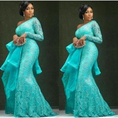 Evening Dresses Peplum One Shoulder Mermaid Lace Prom Dresses African Dubai Party Gowns вечернее платье