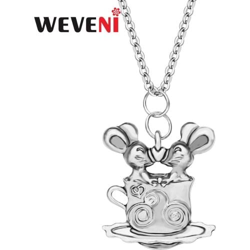 WEVENI Alloy Plated Antique Gold Double Lovely Cup Mouse Rat Necklace Cartoon Pendant Jewelry For Friends Girls Kids Trendy Gift