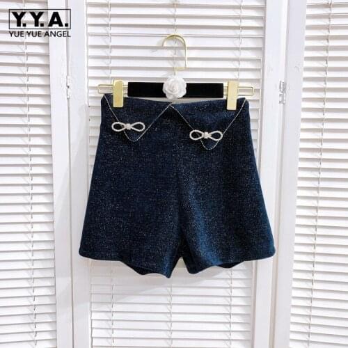 Bow Winter Fashion 2021 New Womens High Waist Shorts Vintage Office Lady Blue Elegant Solid Korean Style Casual Wide Leg Shorts