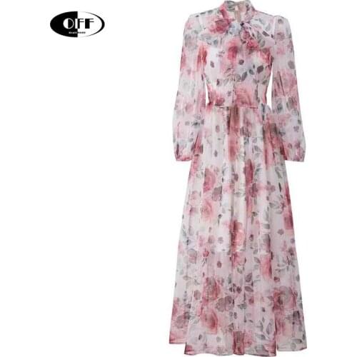 Designer Summer Autumn Beach Chic Traf Maxi Dresses For Women Elegant Floral Bow Mesh Long Sleeve Boho Vacation Party Dress Robe