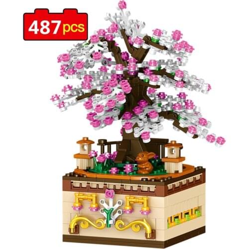 487pcs City Street View Building Blocks Friends For Girl Sakura Tree Music Box Bricks Creator Cherry Blossom Tree House Toy