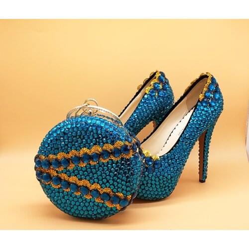 BaoYaFang Green Orange crystal Wedding shoes with macthing bags Ladies high platform shoes and bags woman 14cm High Party shoes