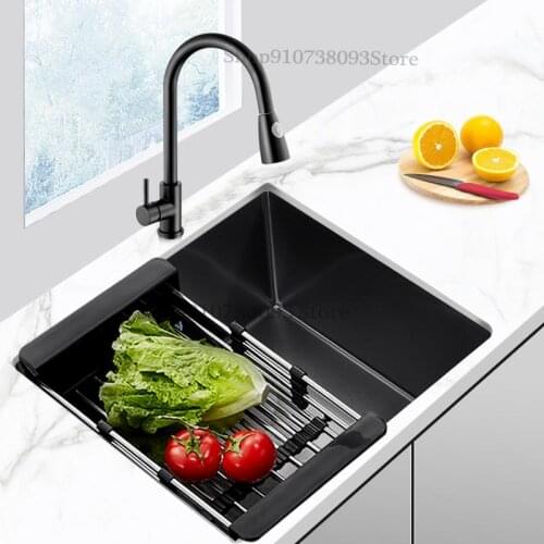 Black Hand-made Sink Table Lower Basin Single Trough Kitchen Bar Embedded Small 304 Stainless Steel Dish Washing Basin