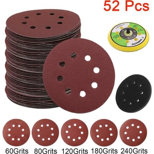 52pcs 5 Inch 125mm Round Sandpaper Eight Hole Disk Sand Sheets Grit 60/80/120/180/240 Hook and Loop Sanding Disc Polish Pad