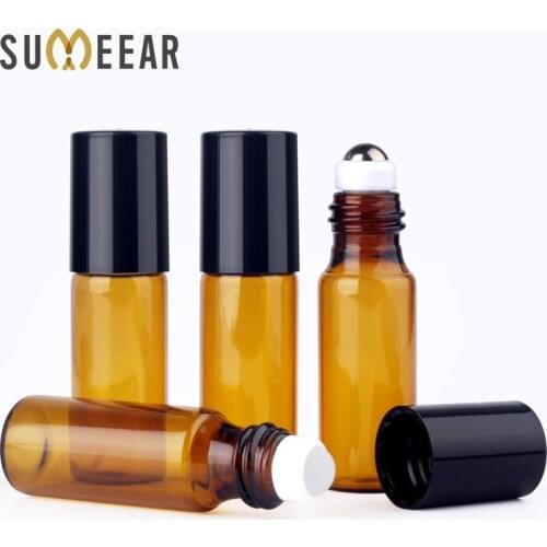 100pc/Lot 5ml Rollerball Essential Oil Bottles Refillable Roll On Bottle Brown Protected From Light Glass Bottle for Sample Gift