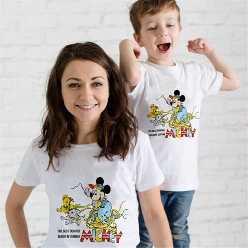 Kids Children Girl Boy Tops Clothing Short Sleeves Summer Sports Mickey Print Tshirt Cartoon Adult Unisex Tee White Famliy Look