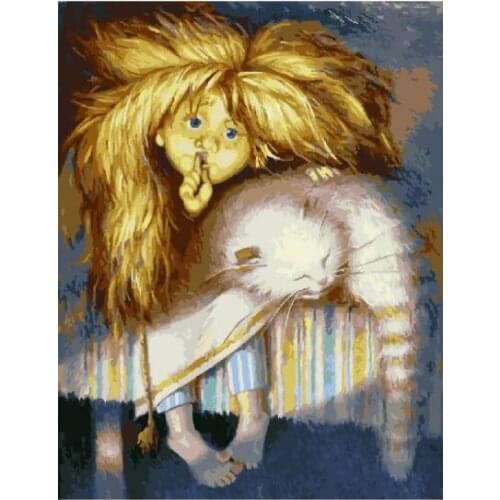 Angel and sleeping cat abtract figure painting paint by numbers Hand-painted canvas oil paintings for living room home decor