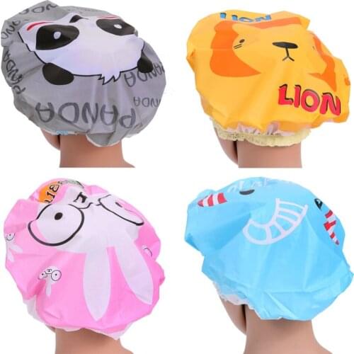 Cute cartoon shower bath cap women hat for baths and saunas lace elastic band cap spa cap women kids hair protective cap